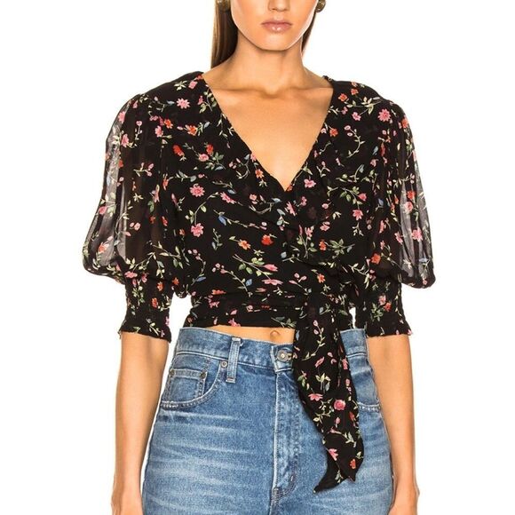 Ganni Paradise Elm Georgette Black Floral Wrap Top - Picture 2 of 14